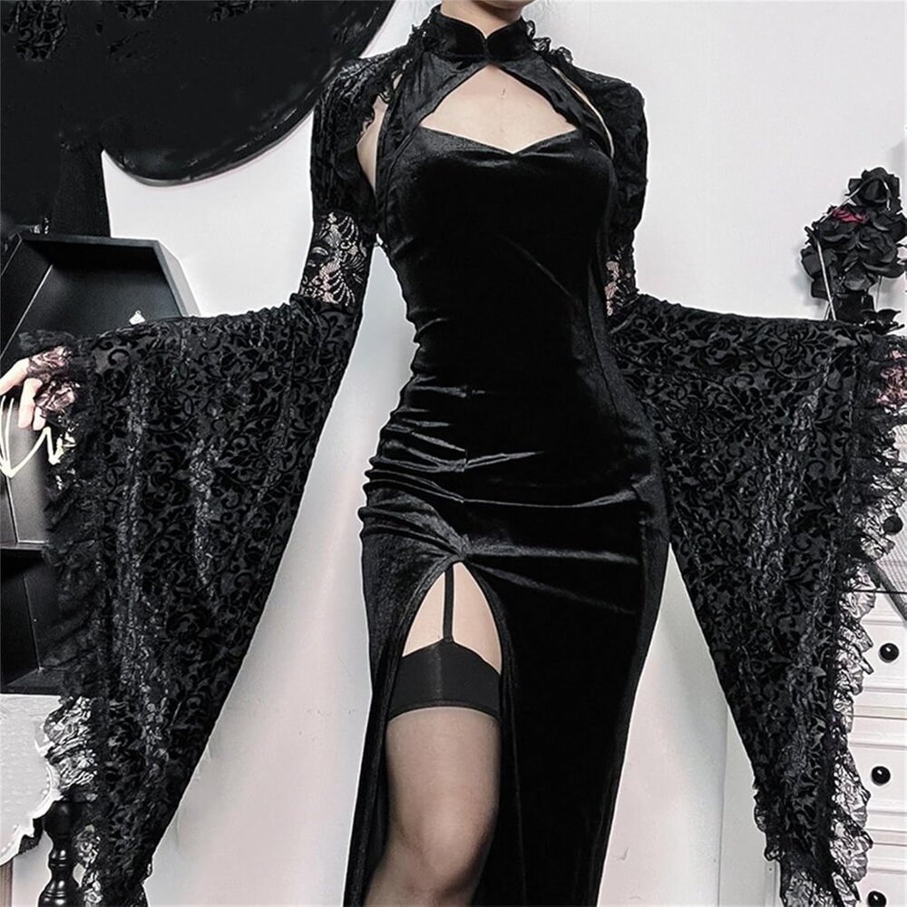 Women's Black 6 Goth Bell Long Sleeve Bolero Shrug Crop Top - Picture 3 of 7